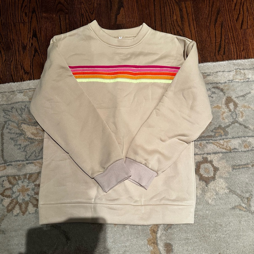 Women’s tan Beige Sweat outfit with Multicolor Stripes. Top and bottom.